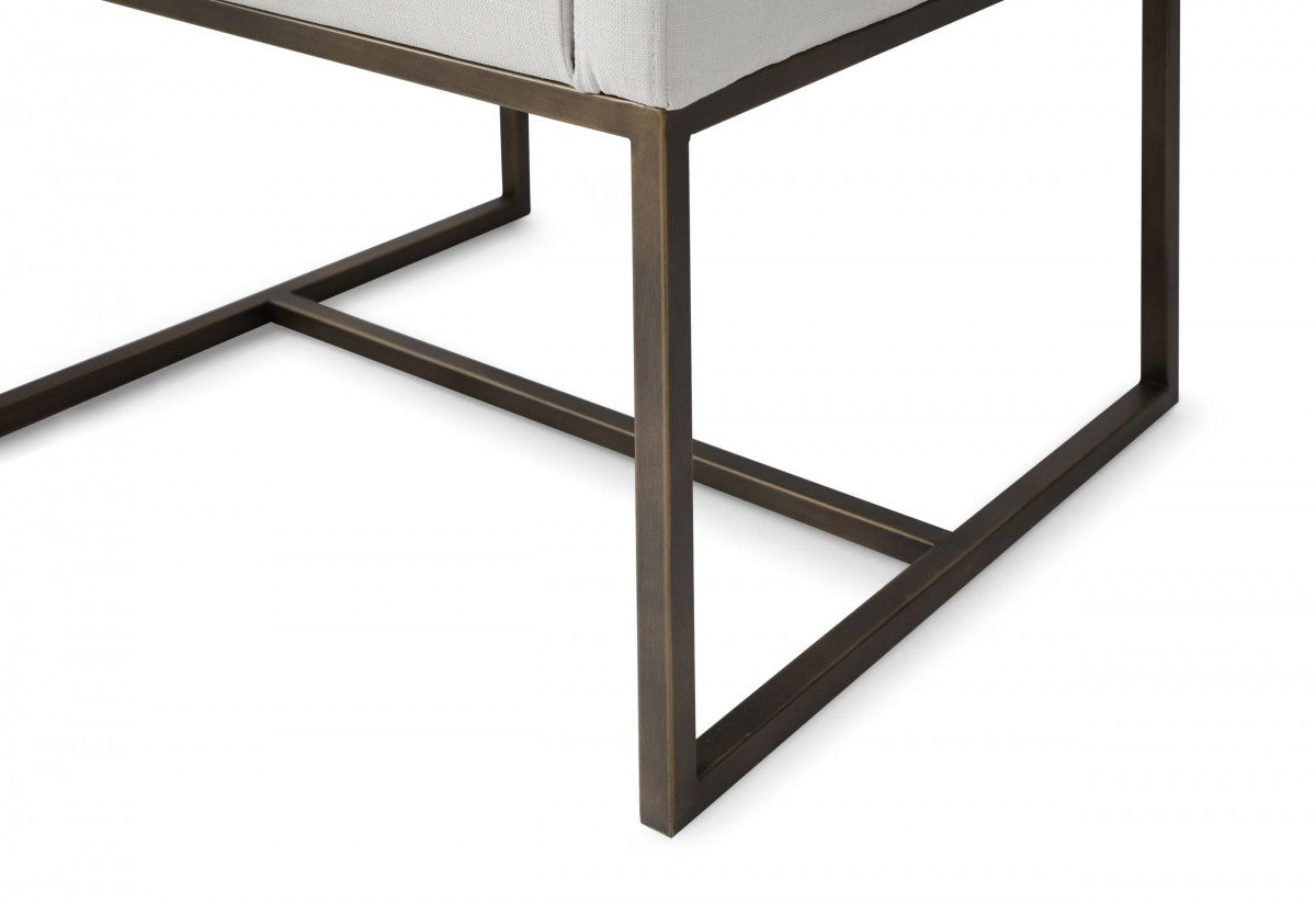 Off White and Antiqued Brass Upholstered Fabric Dining Arm Chair