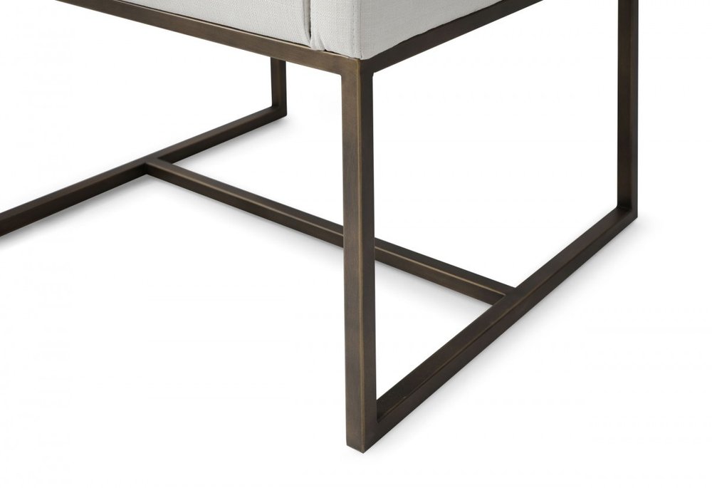 Off White and Antiqued Brass Upholstered Fabric Dining Arm Chair