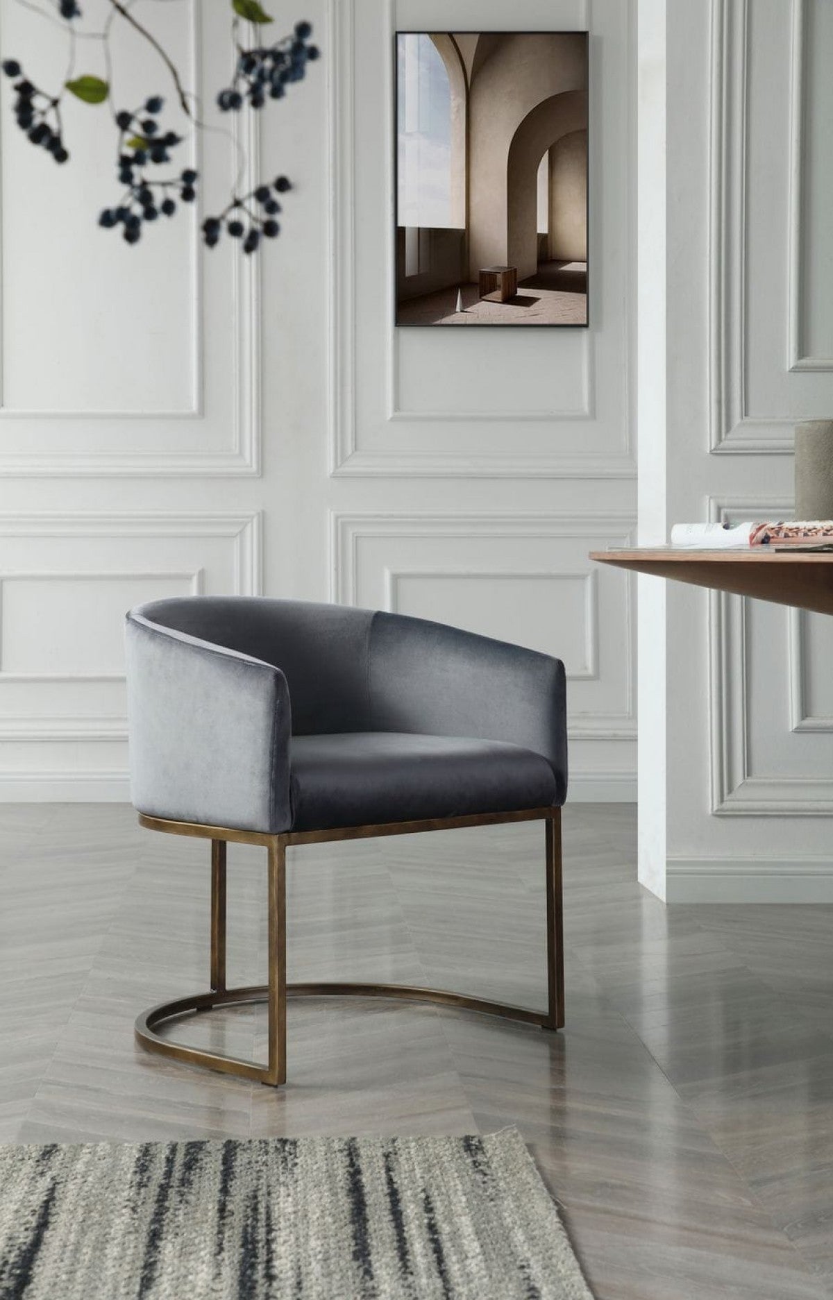 Gray And Brass Upholstered Velvet Dining Arm Chair
