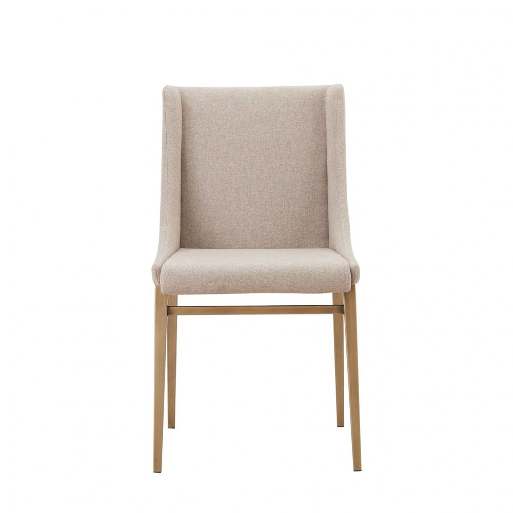 Set of Two Beige and Antiqued Brass Upholstered Fabric Wing Back Dining Side Chairs