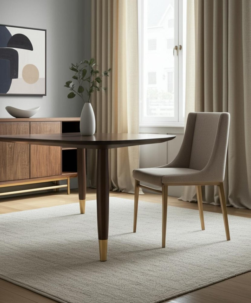 Set of Two Beige and Antiqued Brass Upholstered Fabric Wing Back Dining Side Chairs