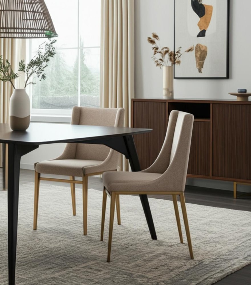 Set of Two Beige and Antiqued Brass Upholstered Fabric Wing Back Dining Side Chairs