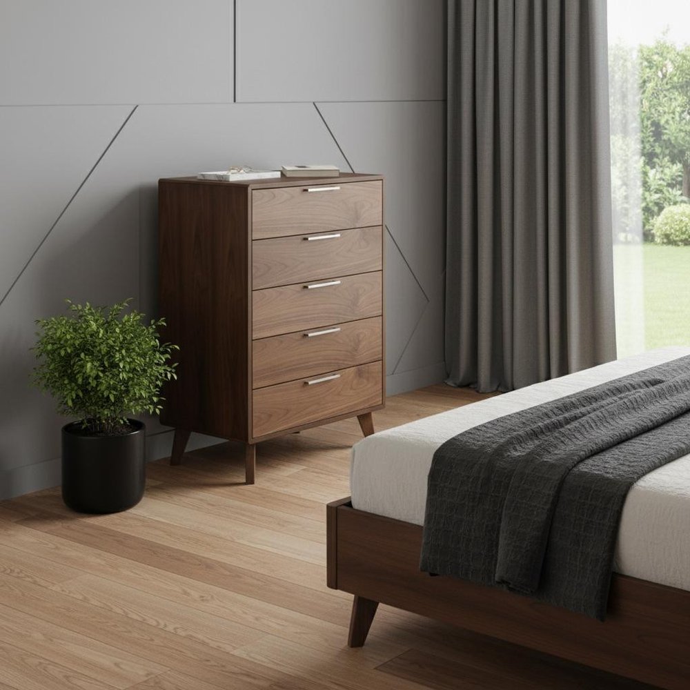 30" Walnut Solid Wood Five Drawer Chest