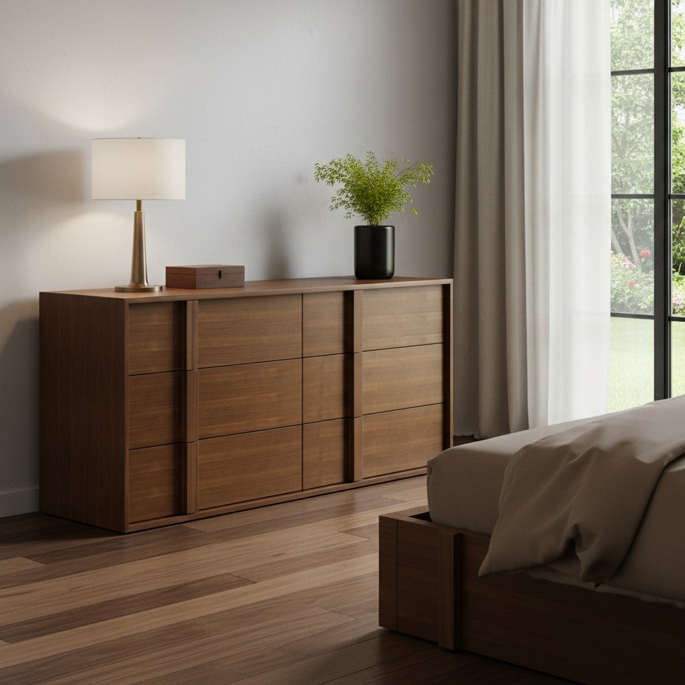 65" Walnut Solid Wood Six Drawer Double Dresser