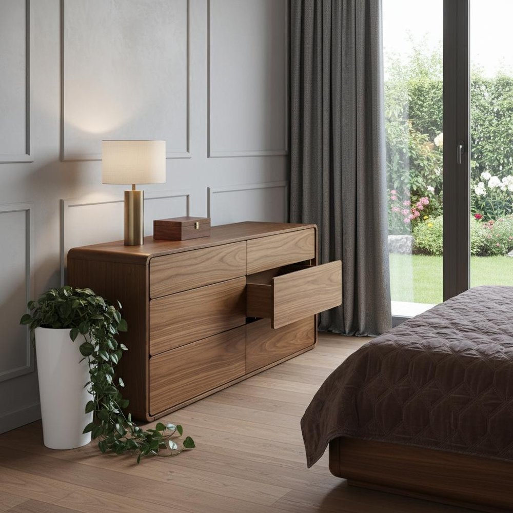 59" Walnut Solid Wood Six Drawer Double Dresser