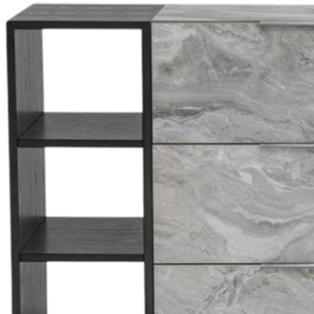 63" Grey Faux Marble and Black Wood Six Drawer Double Dresser