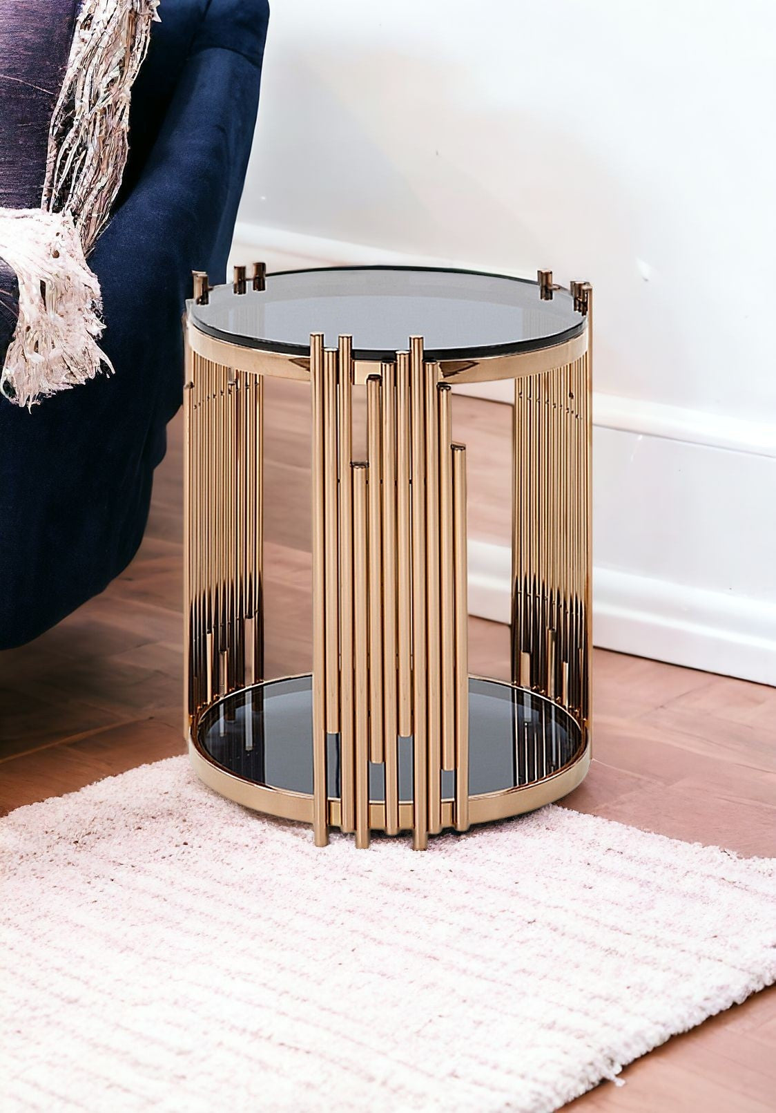 20" Rosegold And Black Glass And Stainless Steel Round End Table With Shelf