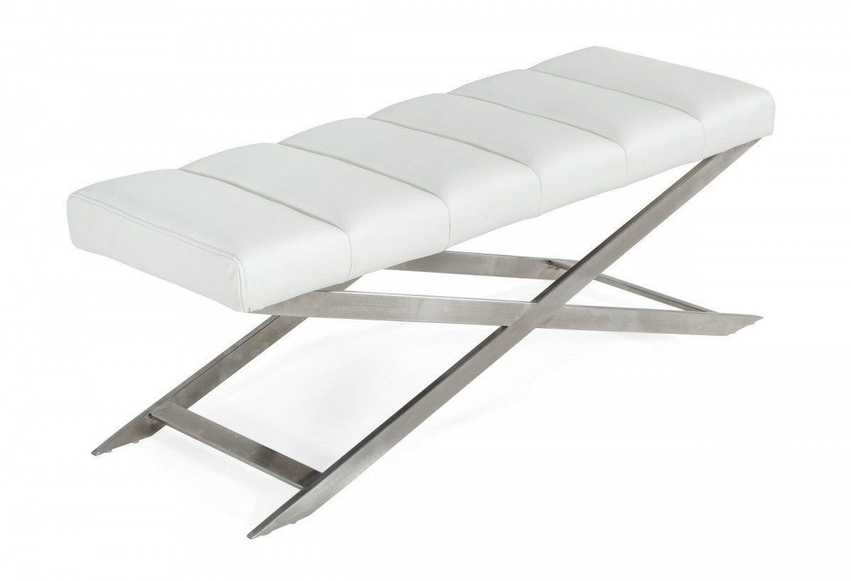 47" White and Silver Tufted Faux Leather Upholstered Dining Bench