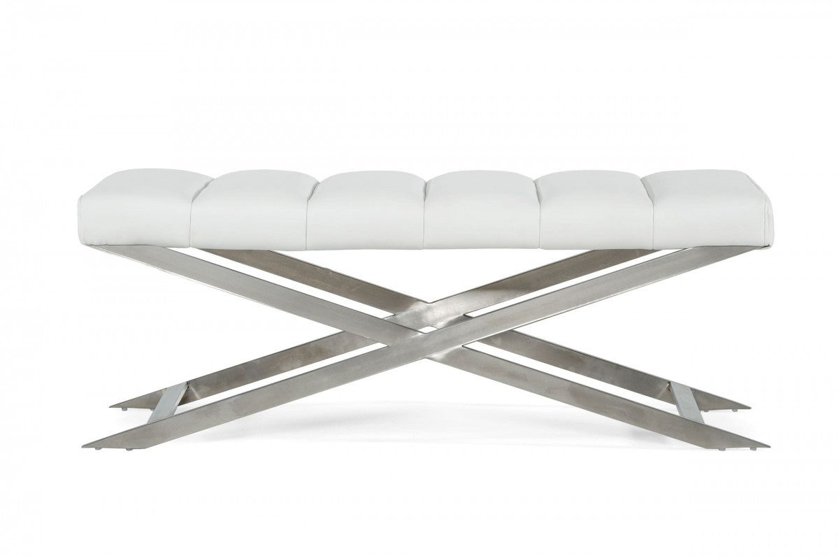 47" White and Silver Tufted Faux Leather Upholstered Dining Bench