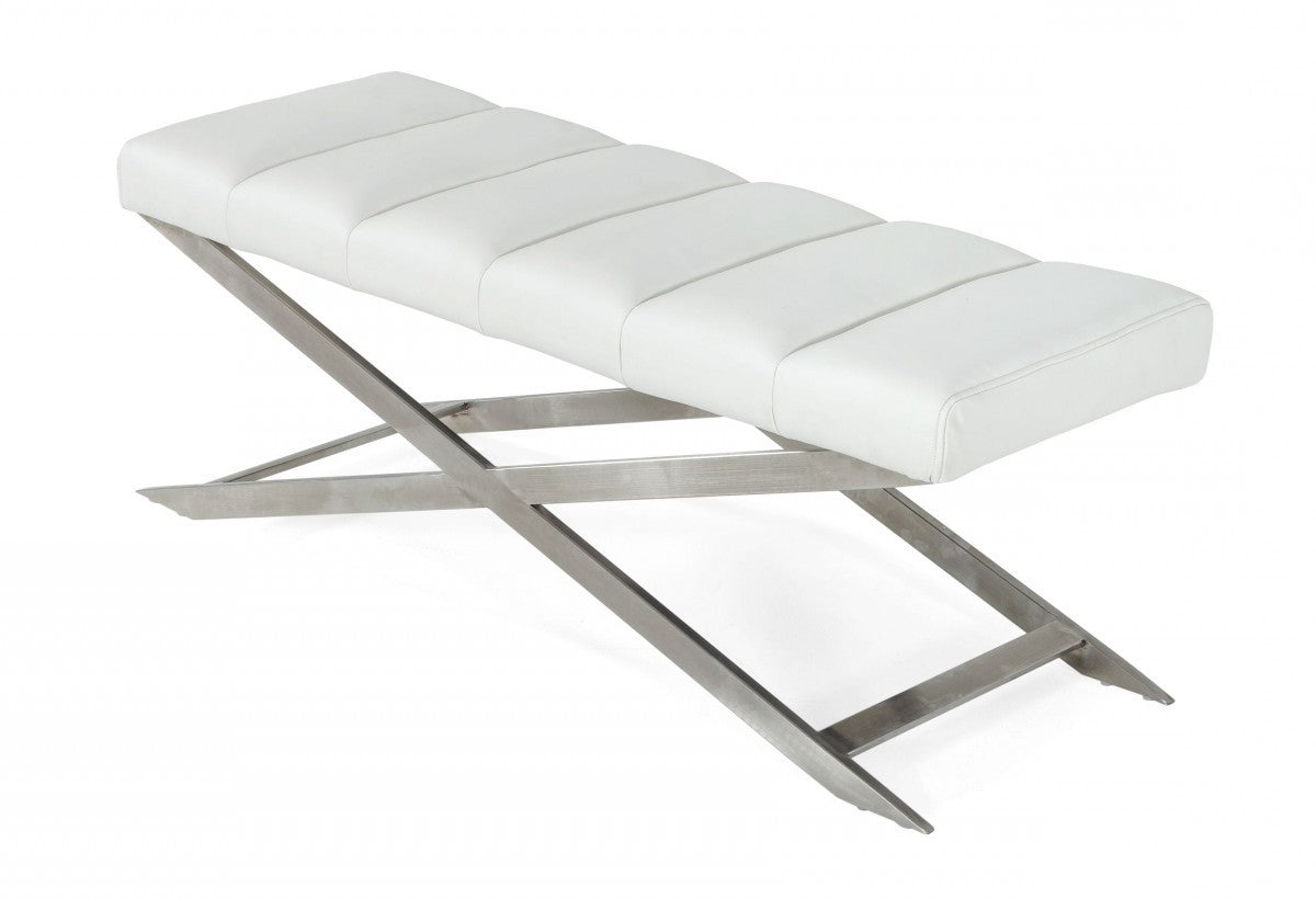 47" White and Silver Tufted Faux Leather Upholstered Dining Bench