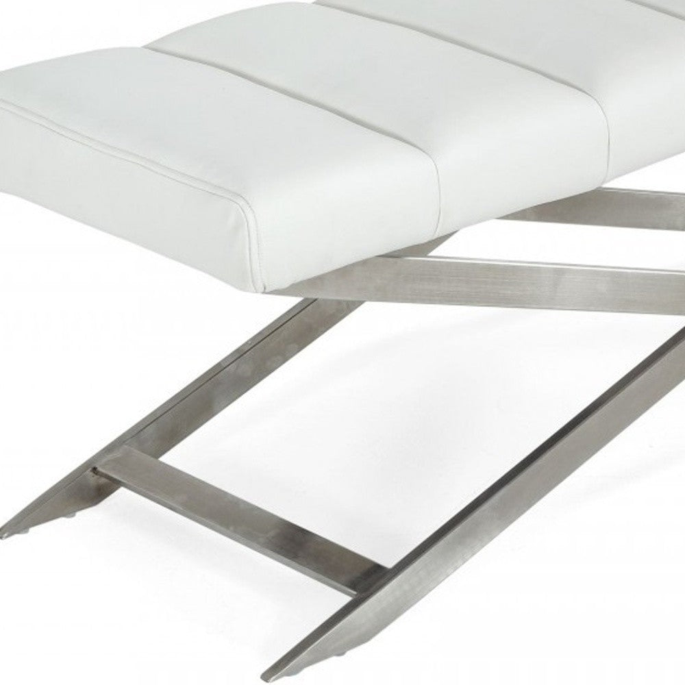 47" White and Silver Tufted Faux Leather Upholstered Dining Bench