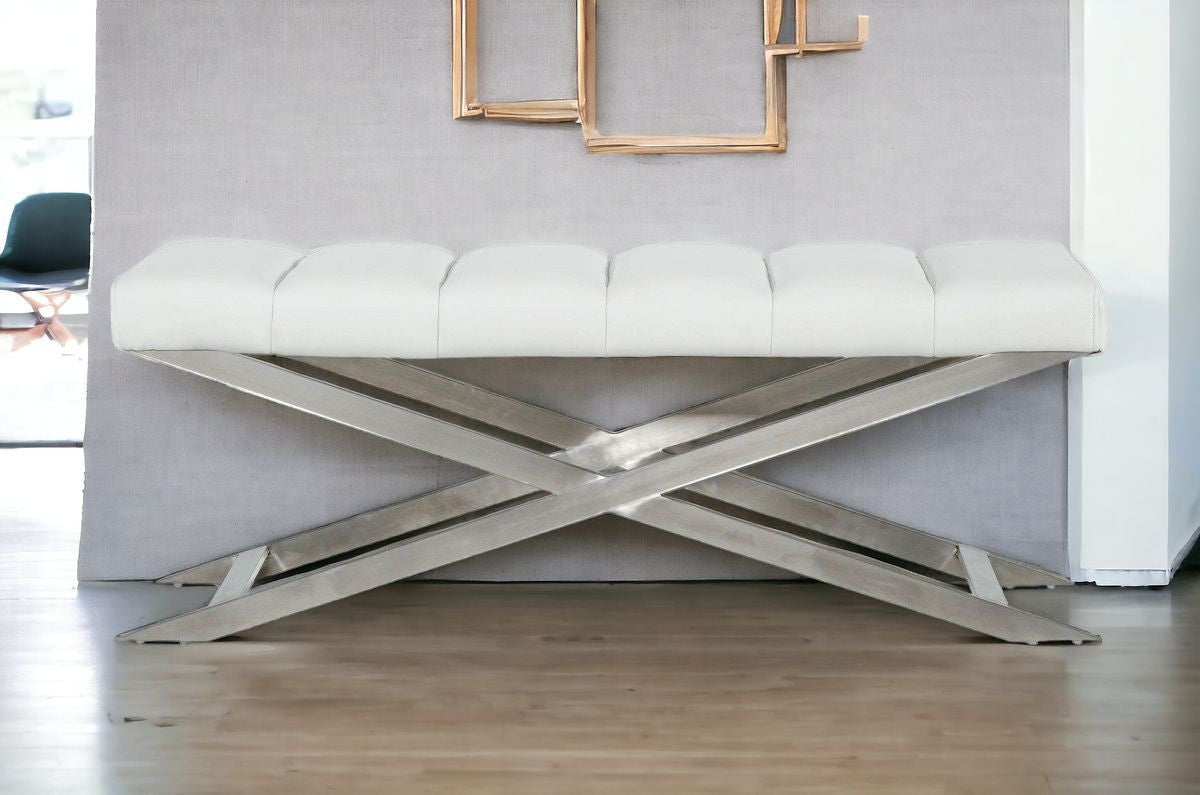 47" White and Silver Tufted Faux Leather Upholstered Dining Bench