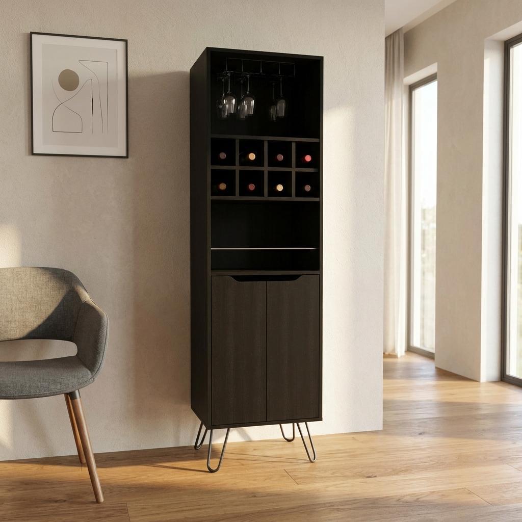 71" Black Tall Bar Cabinet with Two Door Panels and Top Wine Glass Rack