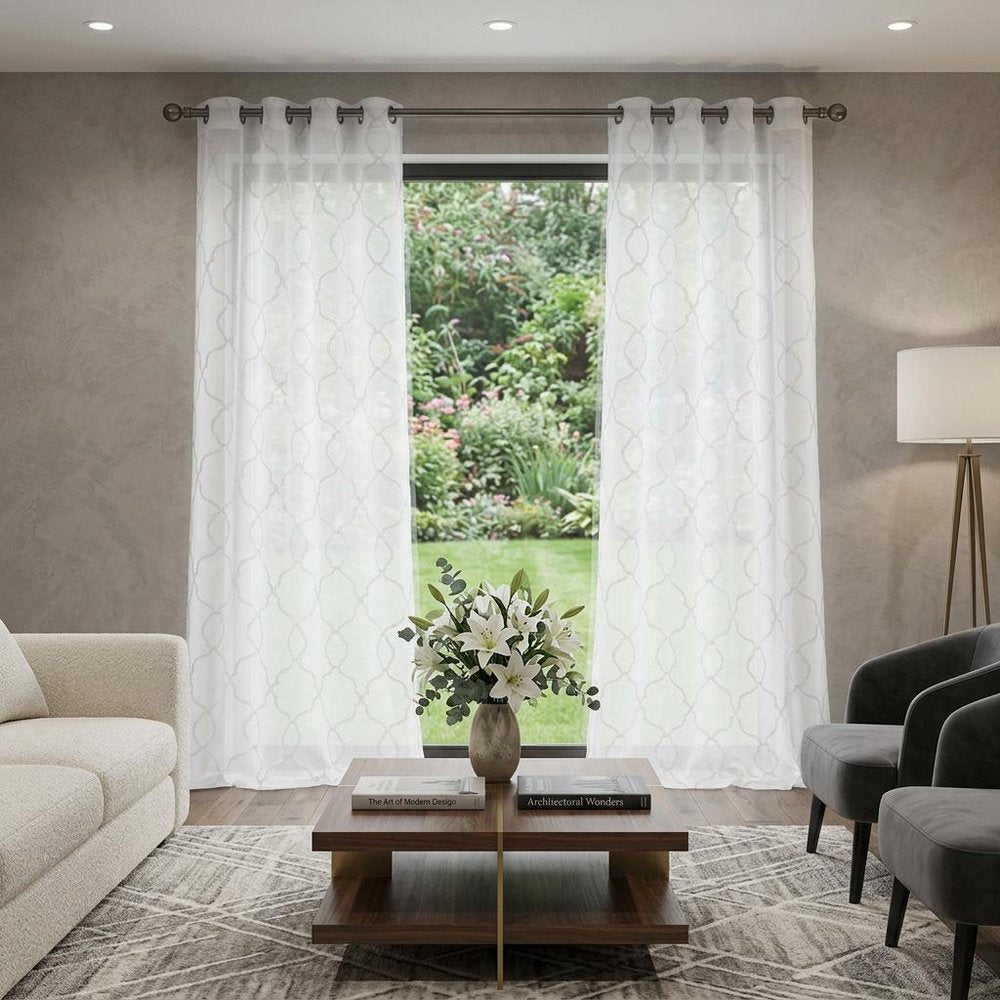 84” White Trellis Pattern Embroidered Window Curtain Panel