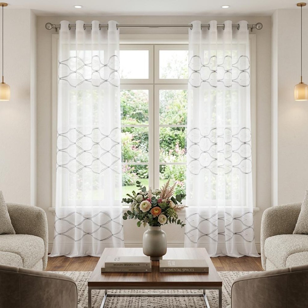 Set of Two 96" White Wave Embroidered Window Panels