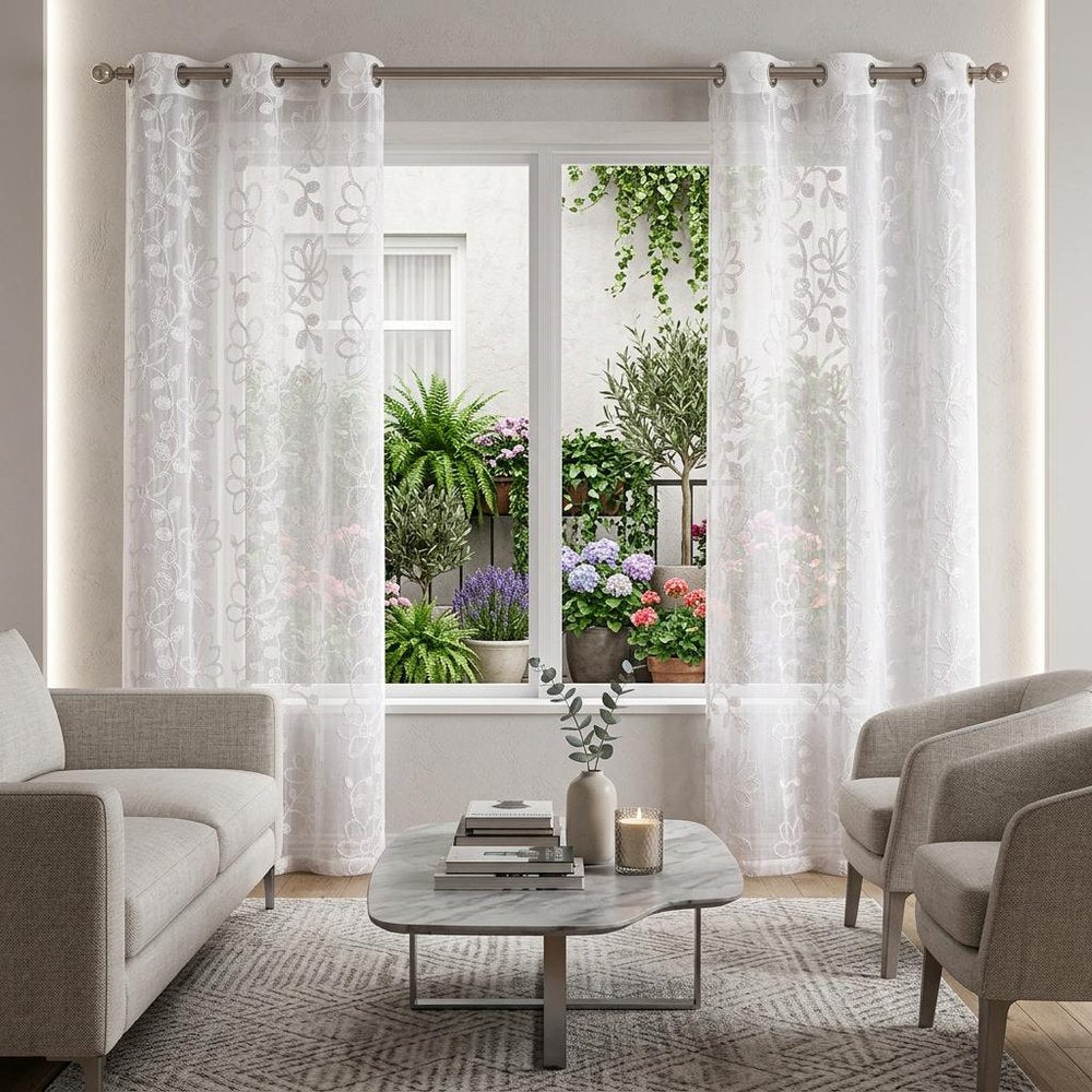 Set of Two 84" White Floral Embroidered Window Panels