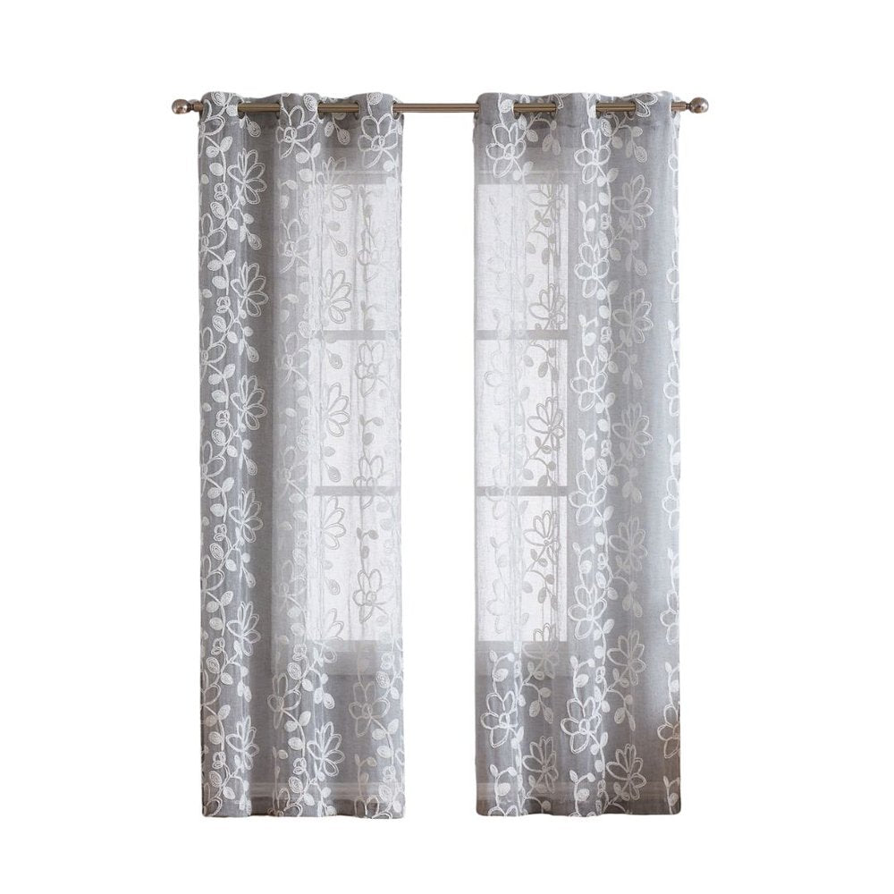 Set of Two 96" Silver Floral Embroidered Window Panels