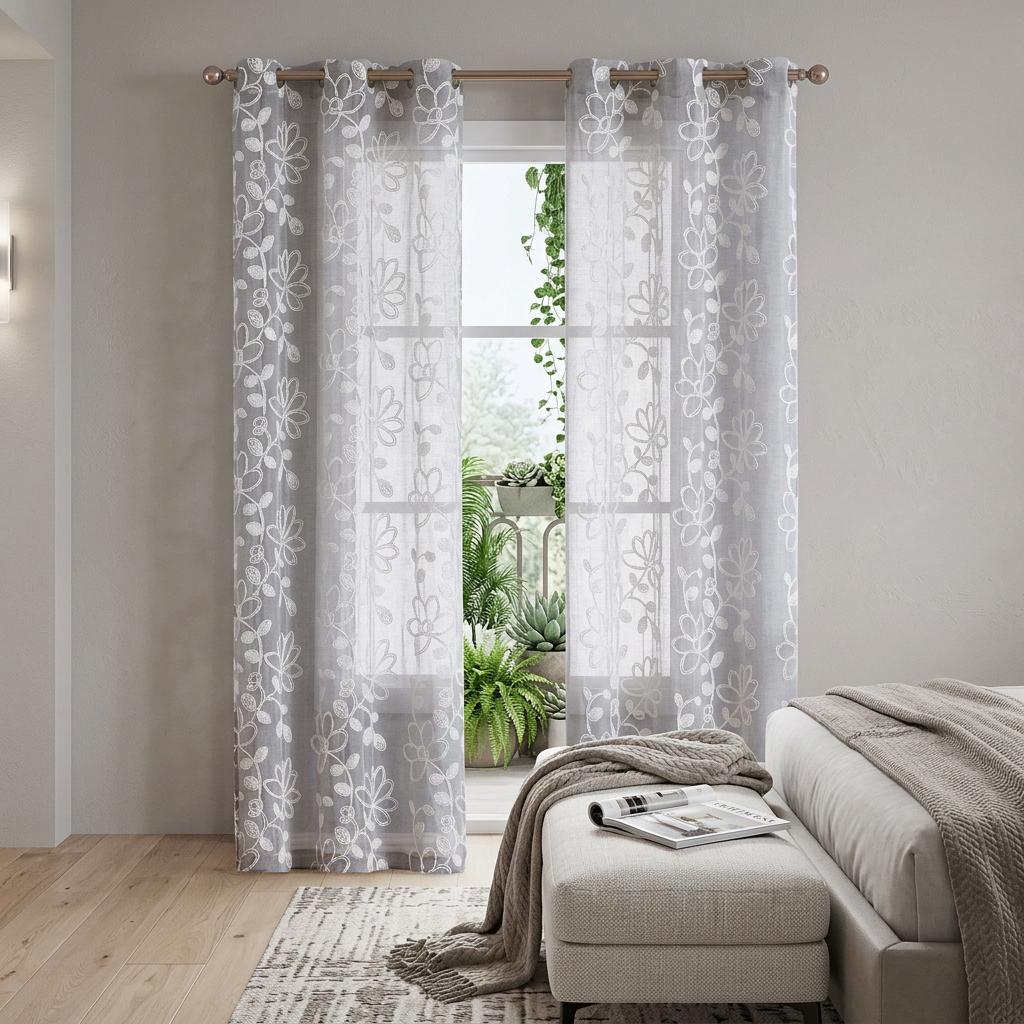 Set of Two 96" Silver Floral Embroidered Window Panels