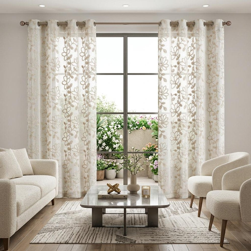 Set of Two 96" Tan Floral Embroidered Window Panels