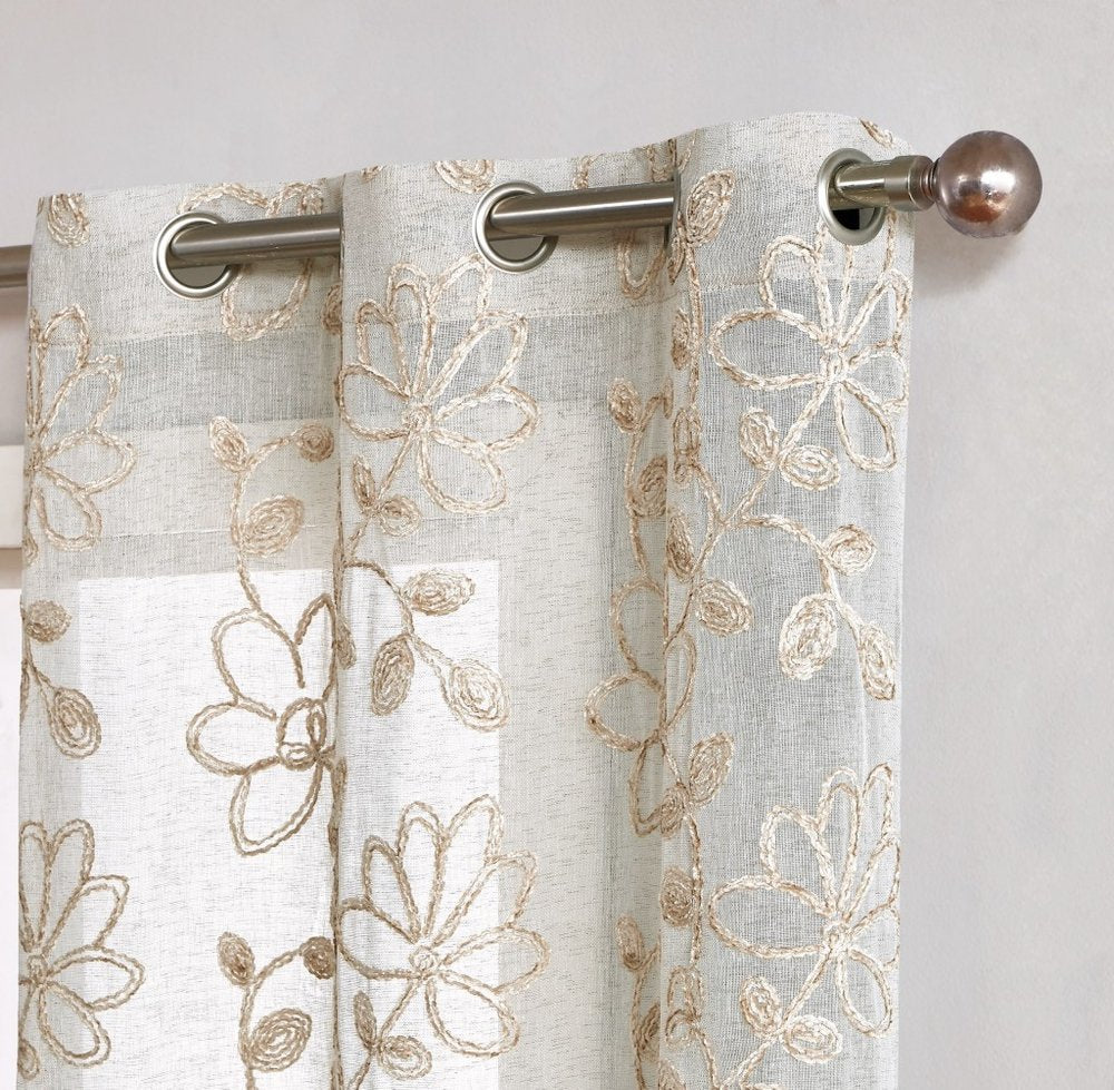 Set of Two 96" Tan Floral Embroidered Window Panels