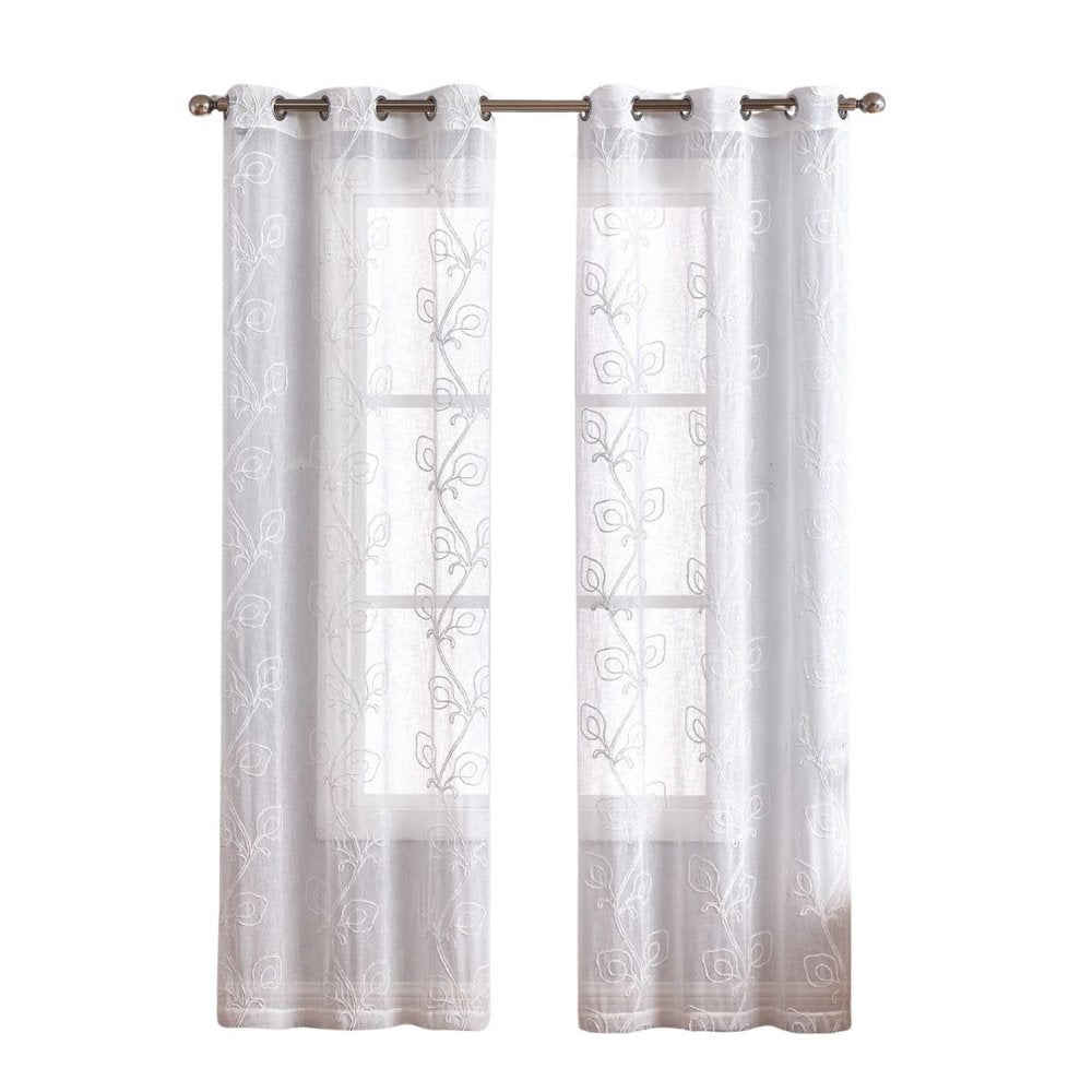 Set of Two 84" White Boho Embroidered Window Panels