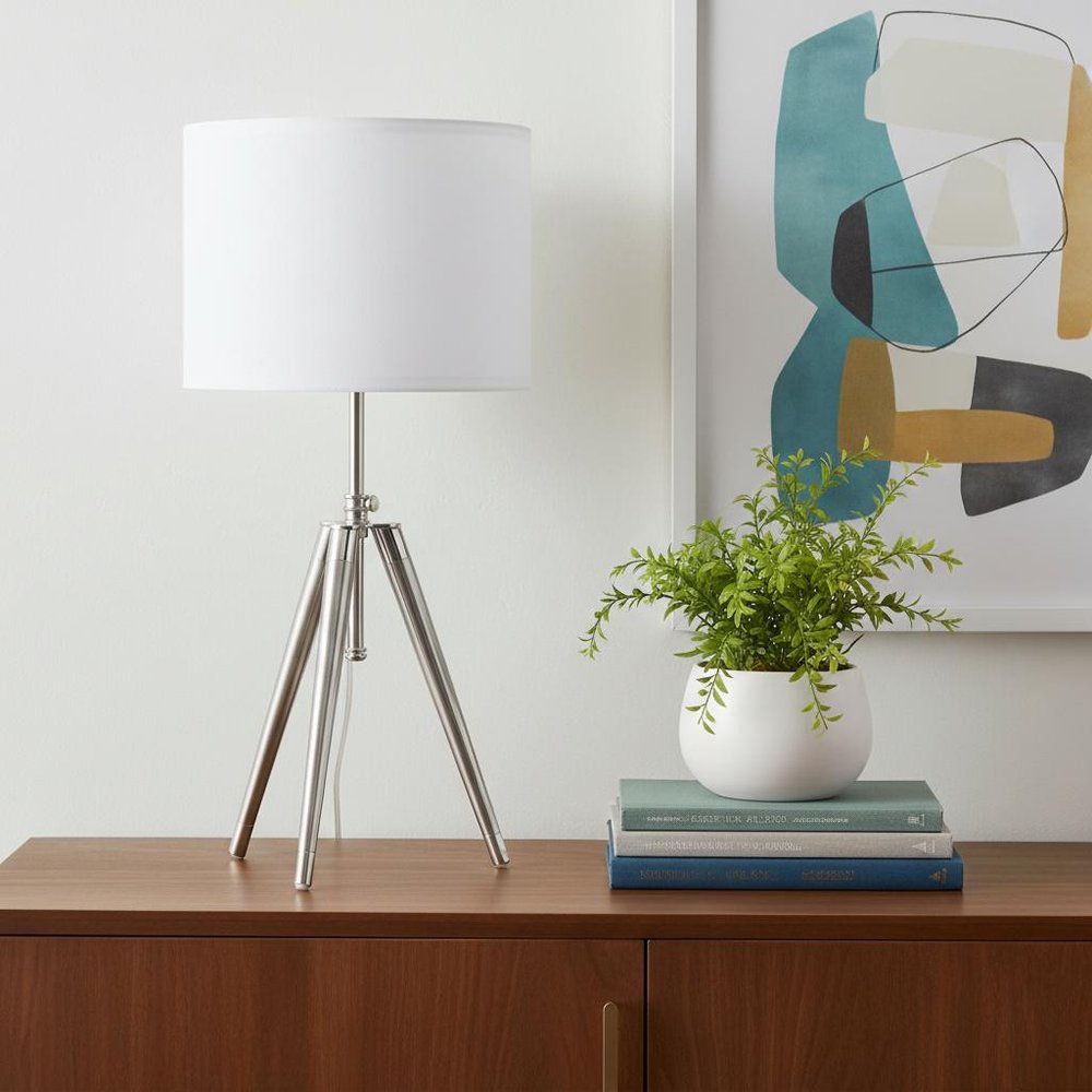 34" Silver Metal Adjustable Tripod Table Lamp With White Round Shade