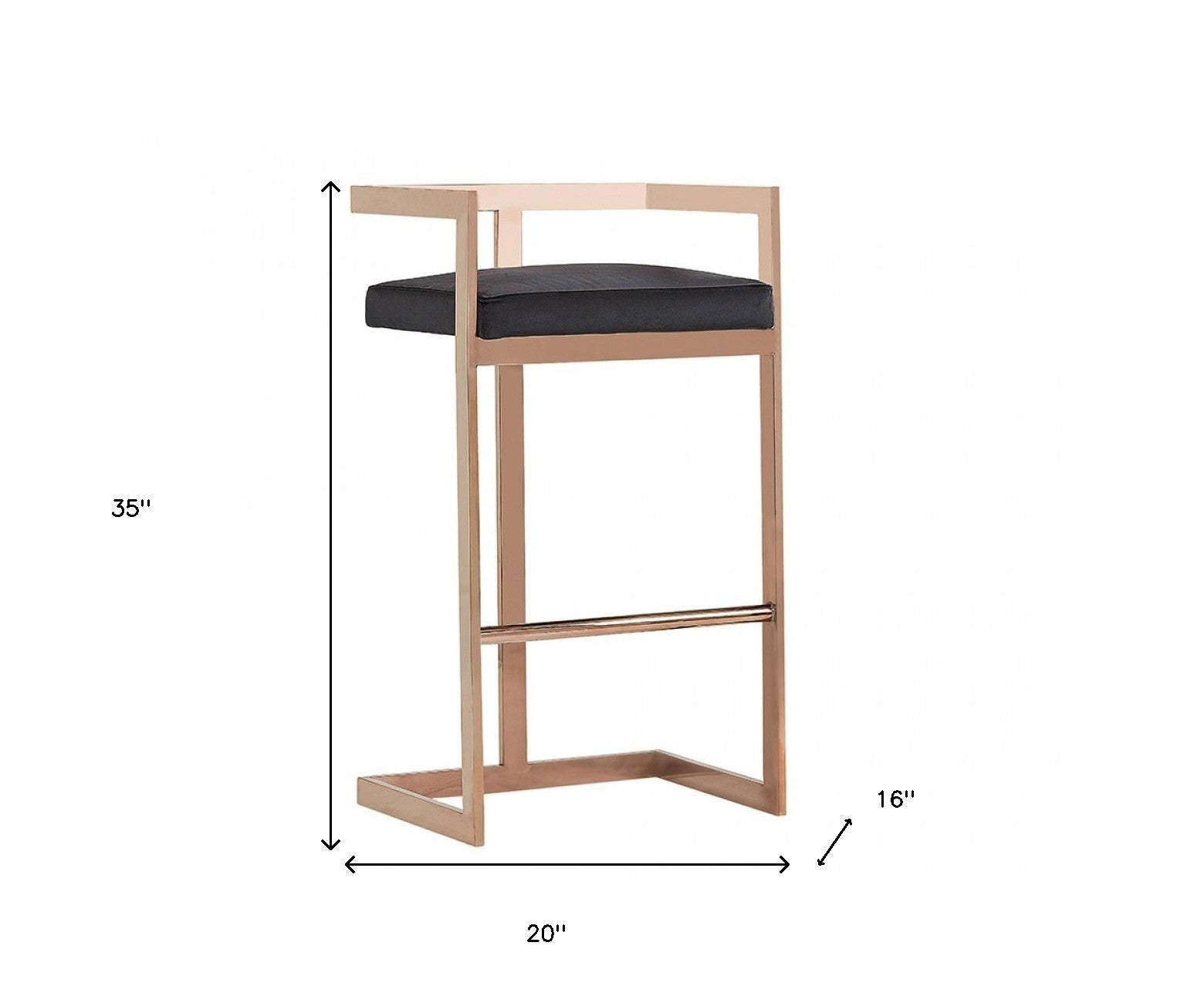 30" Black And Rose Gold Velvet And Stainless Steel Low Back Bar Height Bar Chair