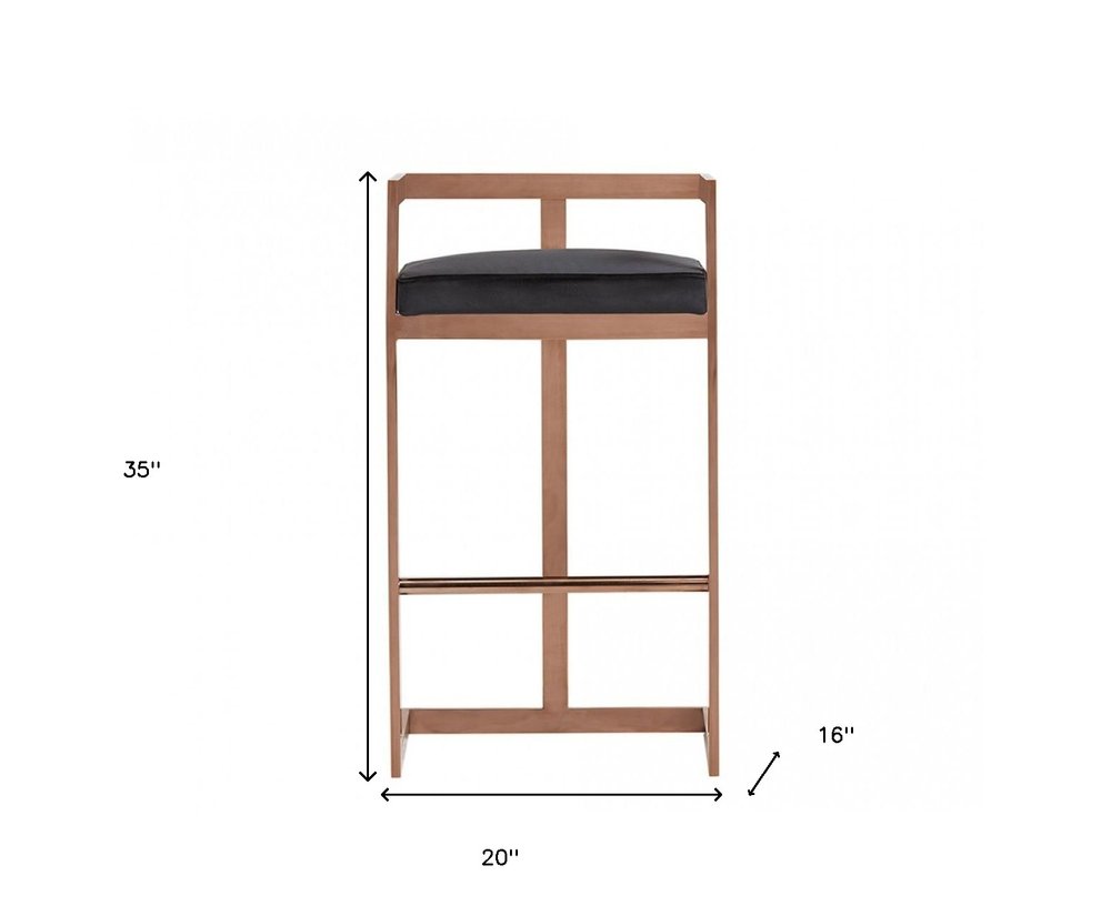 30" Black And Rose Gold Velvet And Steel Low Back Bar Height Bar Chair