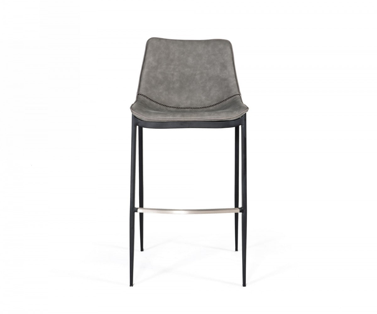 Set of Two 30" Gray And Black Faux Leather And Faux Leather And Steel Bar Height Bar Chairs