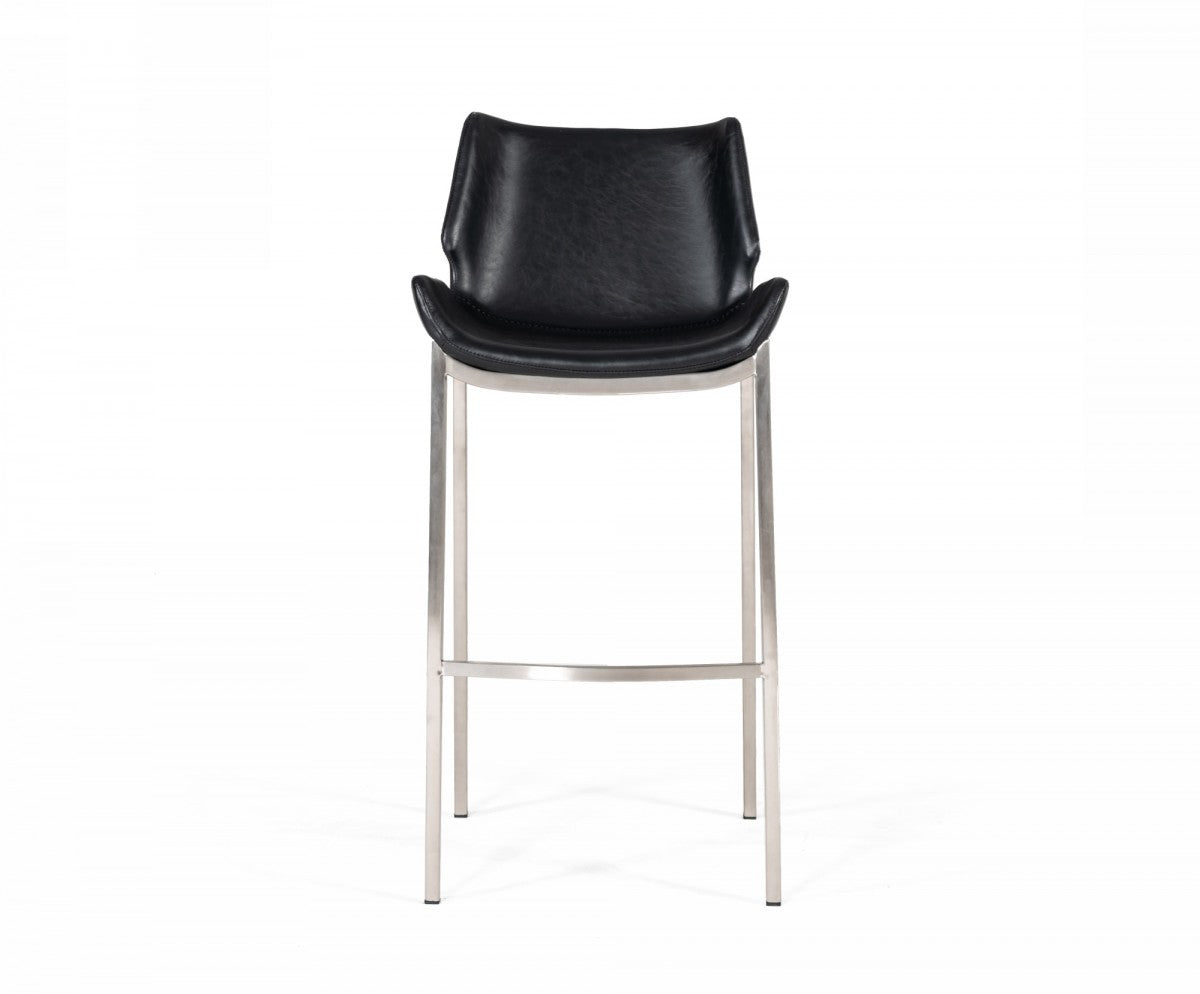 Set of Two 30" Black And Silver Faux Leather And Faux Leather And Steel Low Back Bar Height Bar Chairs