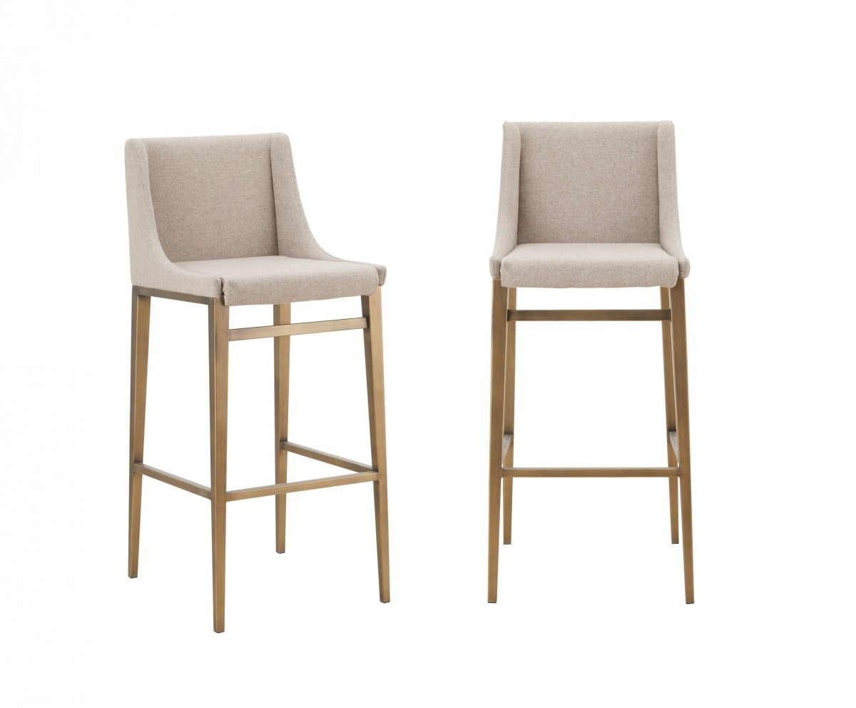 Set of Two 31" Beige and Gold Fabric and Stainless Steel Bar Height Bar Chairs