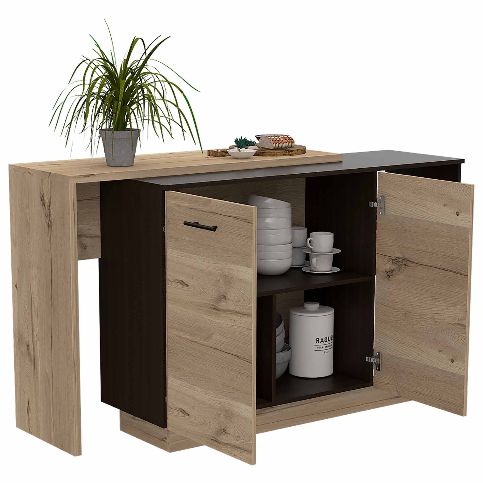 Natural and Natural And Black 59" Kitchen Island With Storage