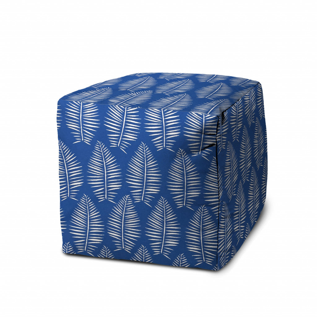 17" Blue and White Polyester Cube Floral Indoor Outdoor Pouf Ottoman