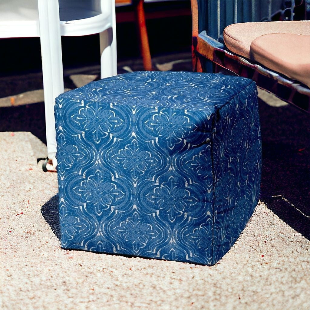 17" Blue and White Polyester Cube Damask Indoor Outdoor Pouf Ottoman
