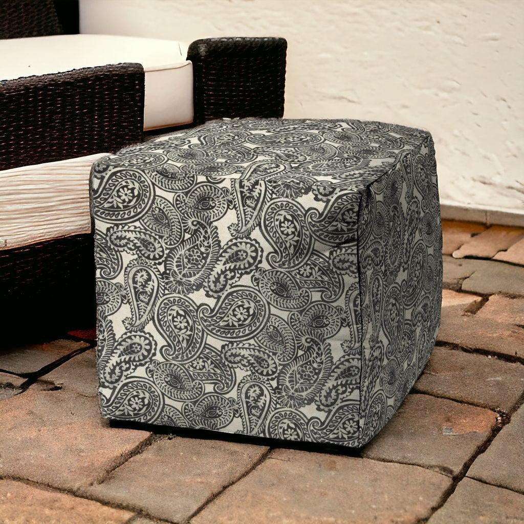 17" Gray Polyester Cube Paisley Indoor Outdoor Pouf Ottoman