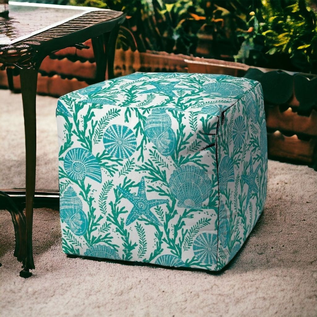 17" Turquoise Polyester Cube Indoor Outdoor Pouf Ottoman
