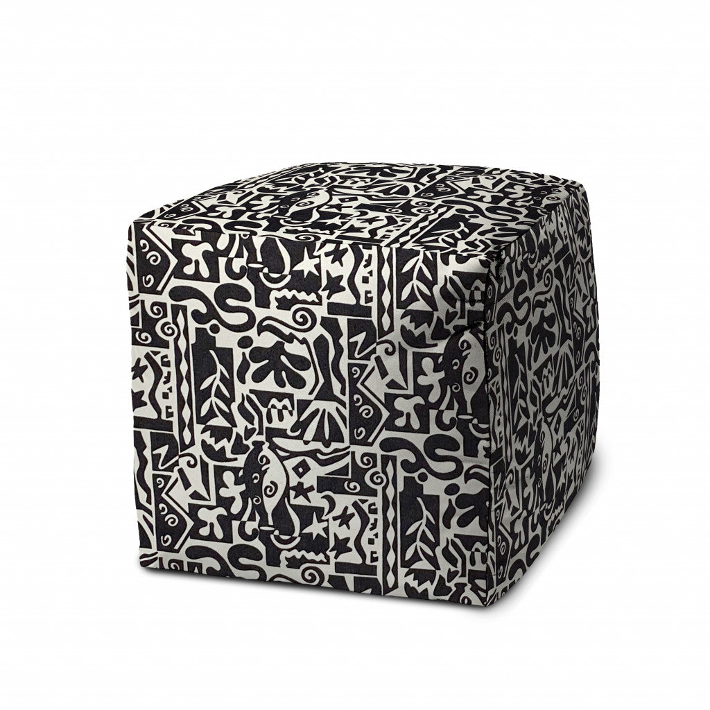 17" Black And White Polyester Cube Geometric Indoor Outdoor Pouf Ottoman