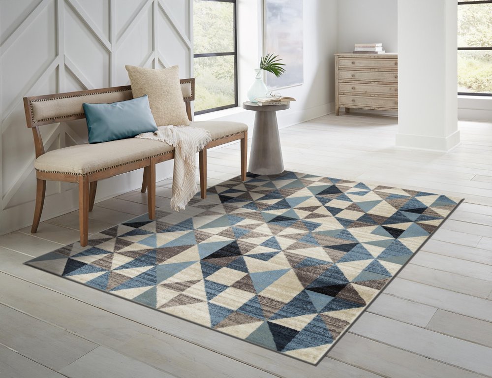 8' X 11' Beige Blue And Gray Geometric Area Rug