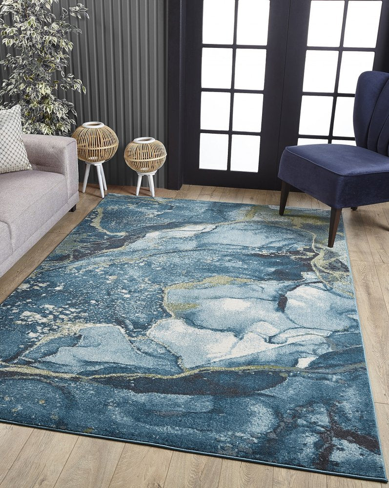 7' X 10' Teal Blue Green And Ivory Abstract Area Rug