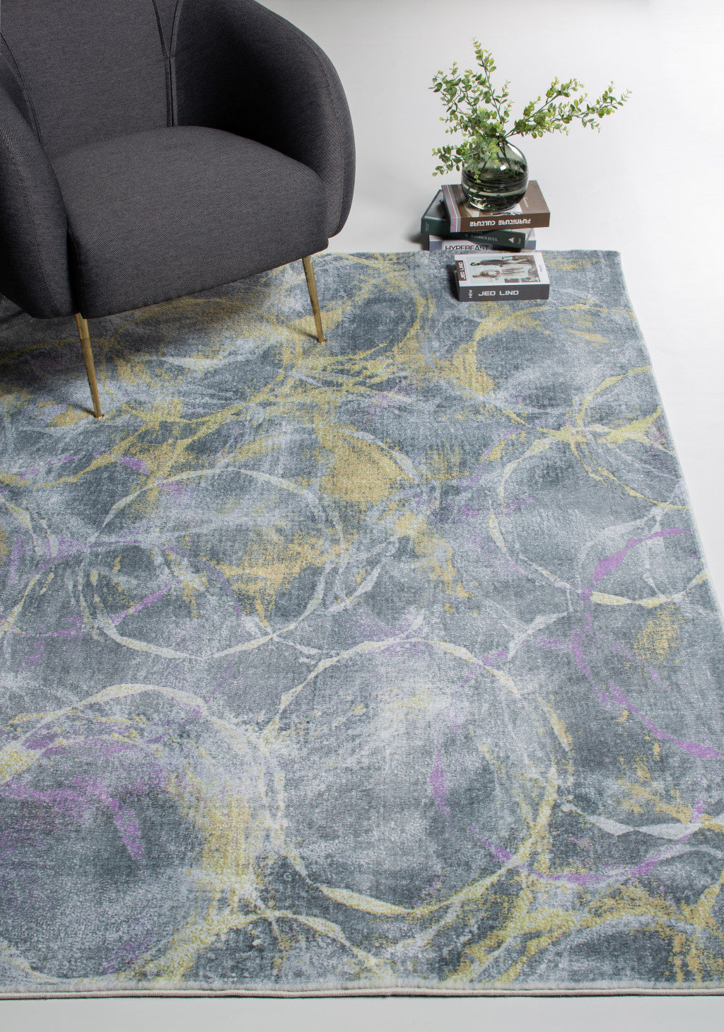 8' X 10' Gray Yellow And Purple Abstract Area Rug