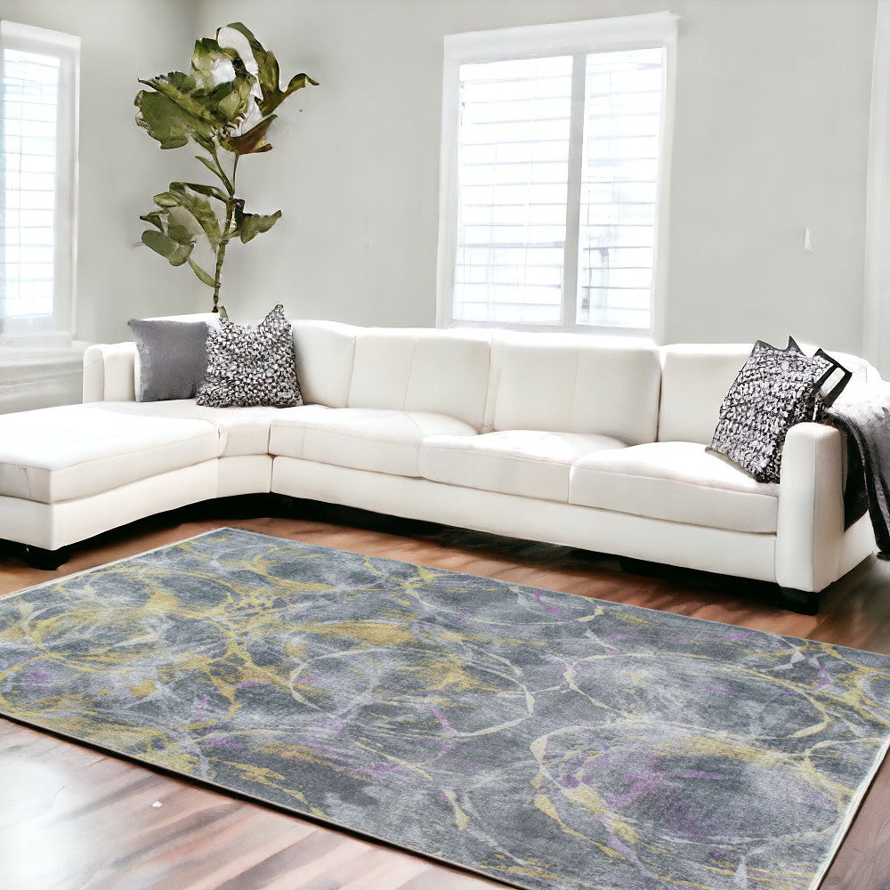 8' X 10' Gray Yellow And Purple Abstract Area Rug