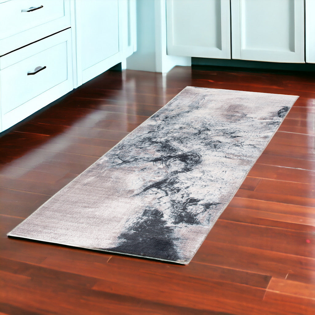 8' Sand Ivory And Black Abstract Runner Rug