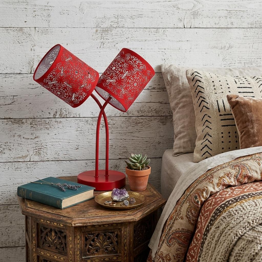 17" Red Metal Two Light Table Lamp With Red Abstract Drum Shade
