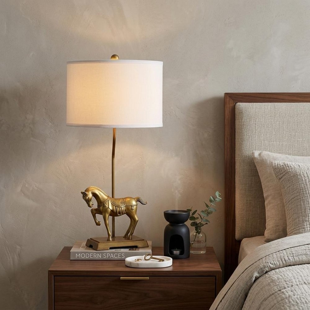30" Gold Stallion Horse Table Lamp With White Shade