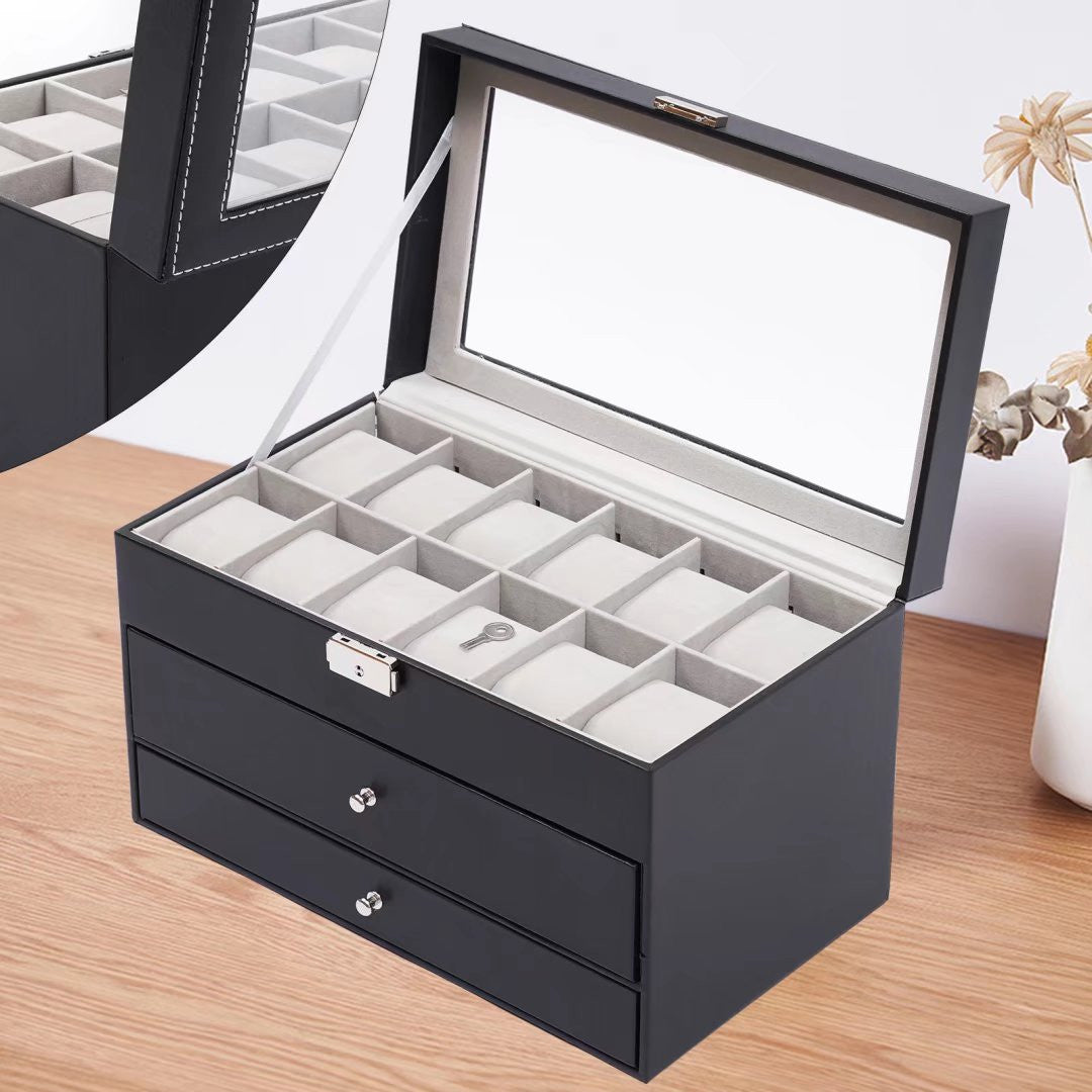 Black Faux Leather Jewelry Box With Three Layers