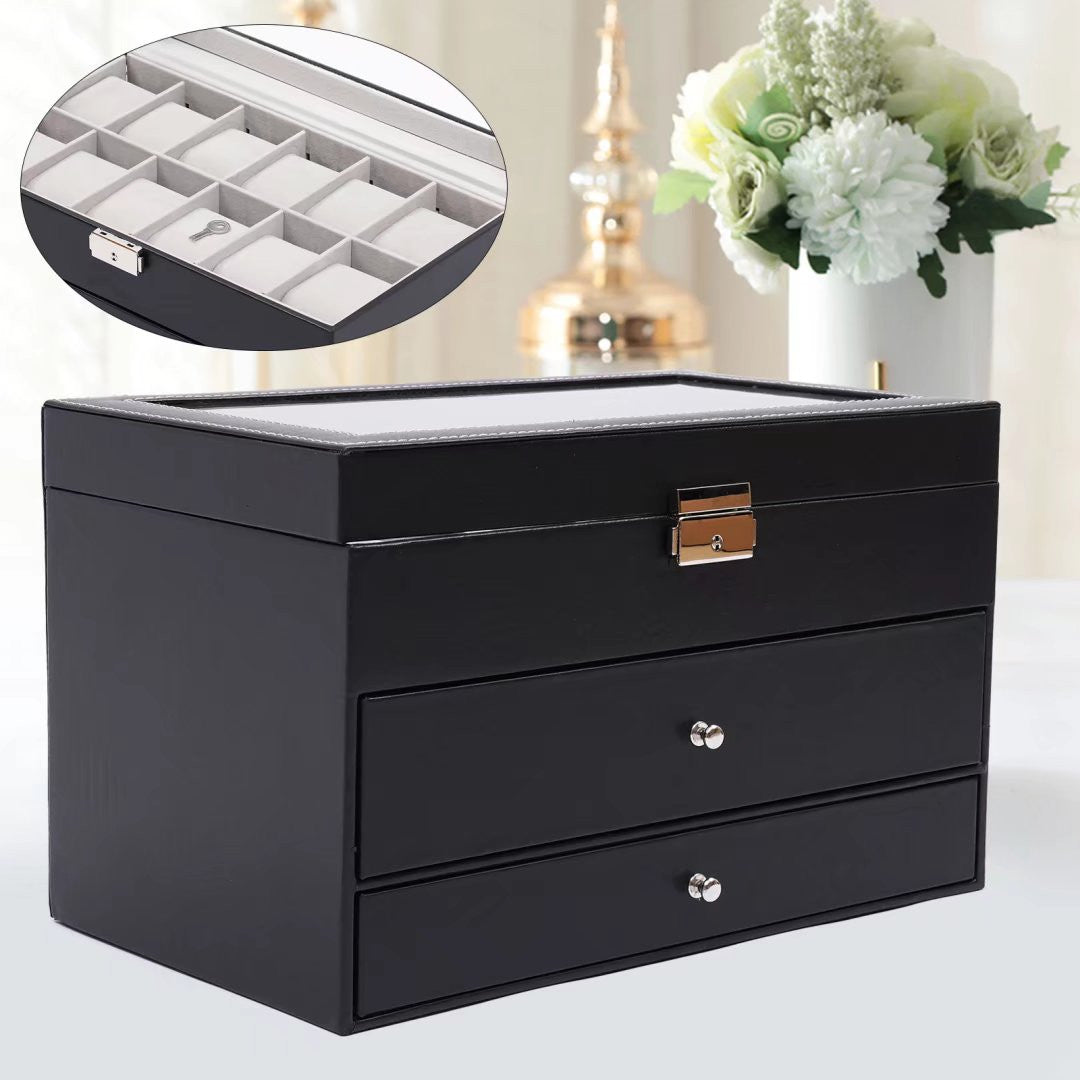 Black Faux Leather Jewelry Box With Three Layers