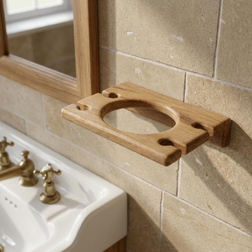 Traditional Solid Teak Wall Mount Cup and Toothbrush Holder