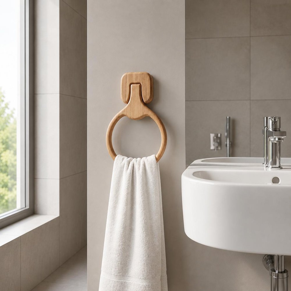 Natural Solid Teak Wood Wall Mount Towel Ring