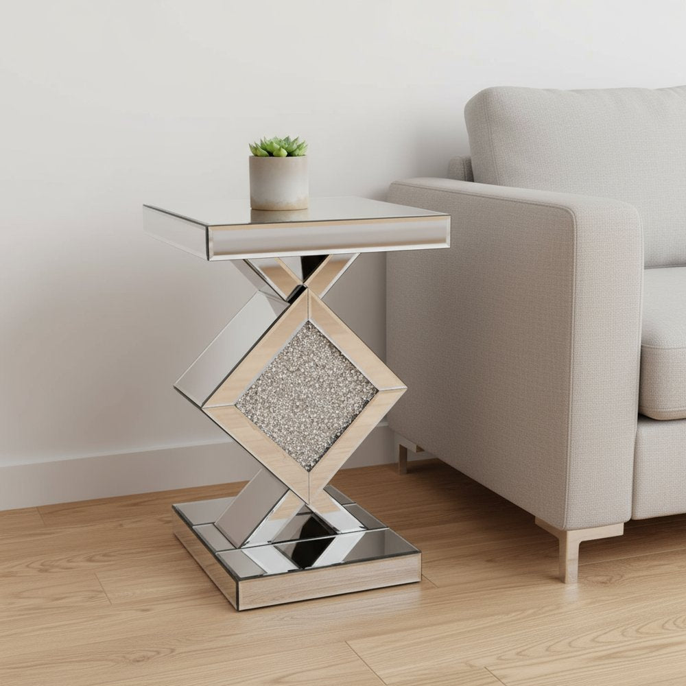 24" Silver Mirrored Glass And Faux Crystals End Table