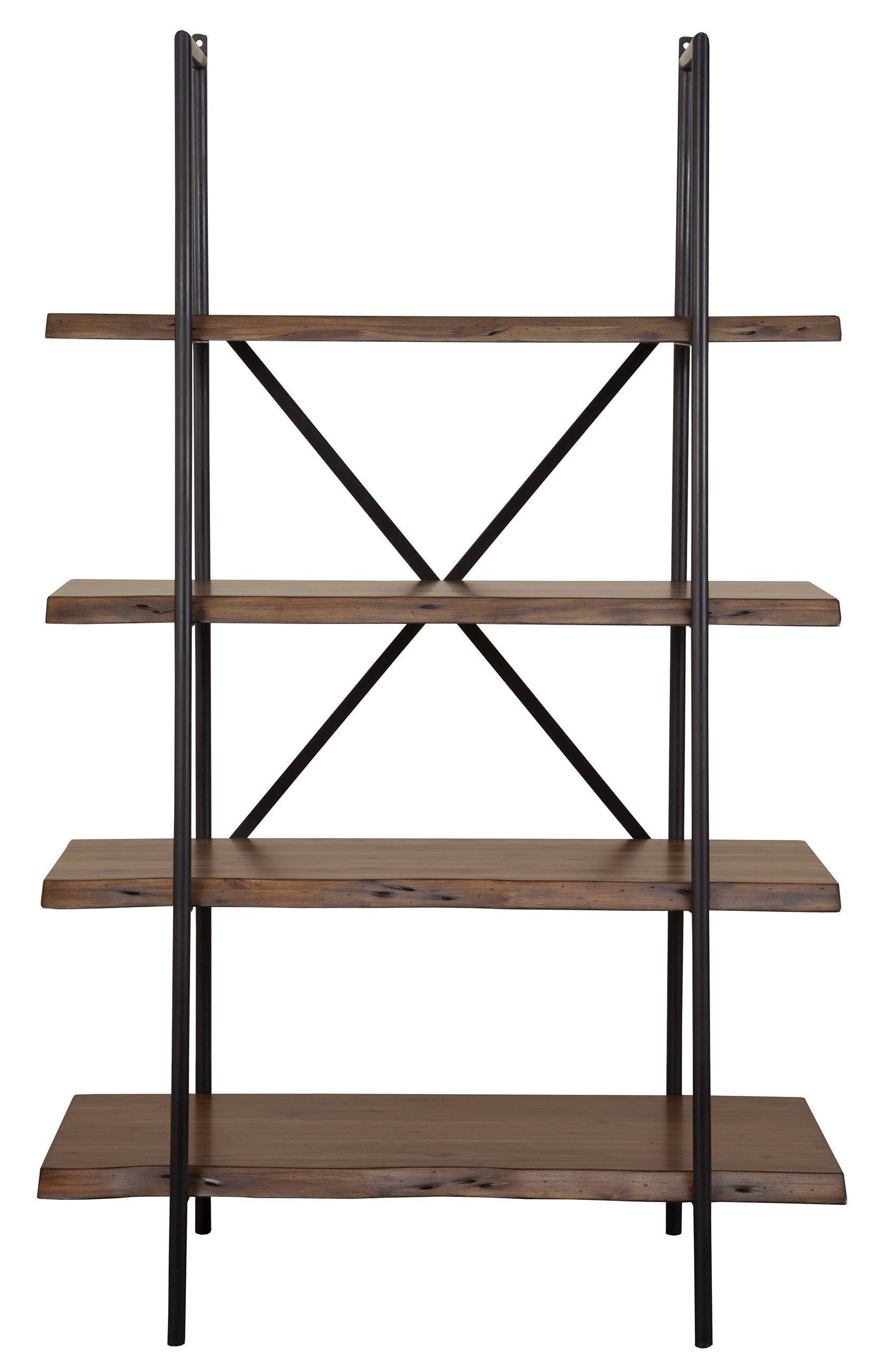 79" Brown and Black Acacia Live Edge Vertical Step Open Back Bookcase